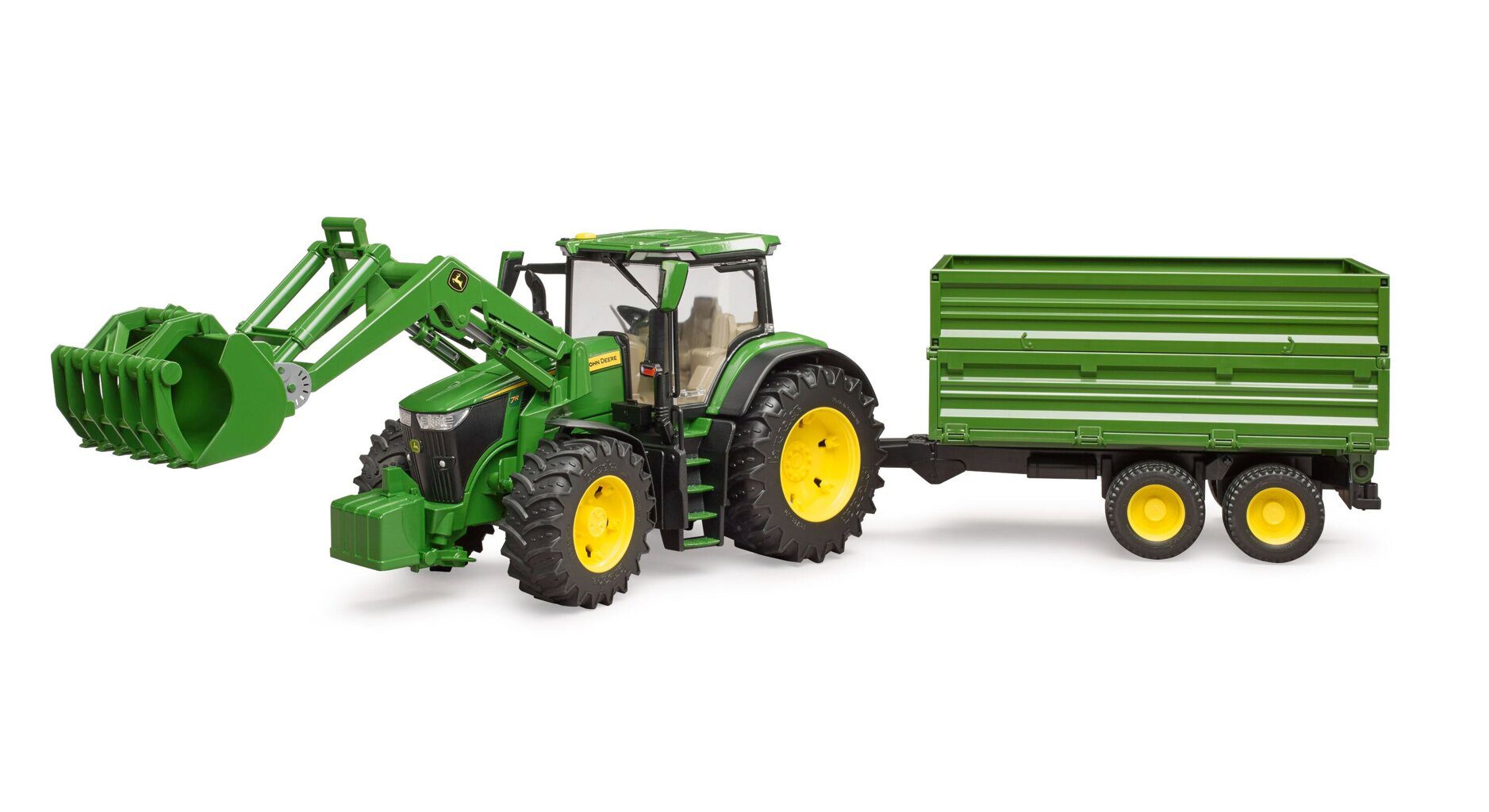 Ciągnik John Deere 7R 350 z ładowaczem czołowym i przyczepą - Bruder 3155